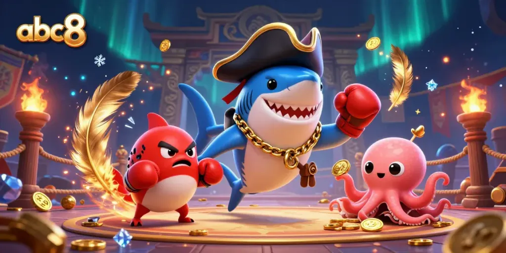 Join the abc8 adventure with a pirate shark, pufferfish, and octopus in a vibrant casino scene.