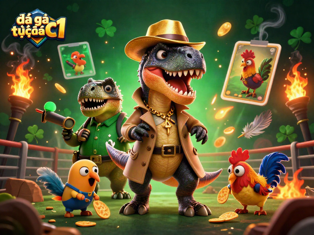 Experience the excitement of đá gà trực tiếp c1 in a dynamic 3D illustration featuring a velociraptor and stegosaurus at a cockfighting arena.