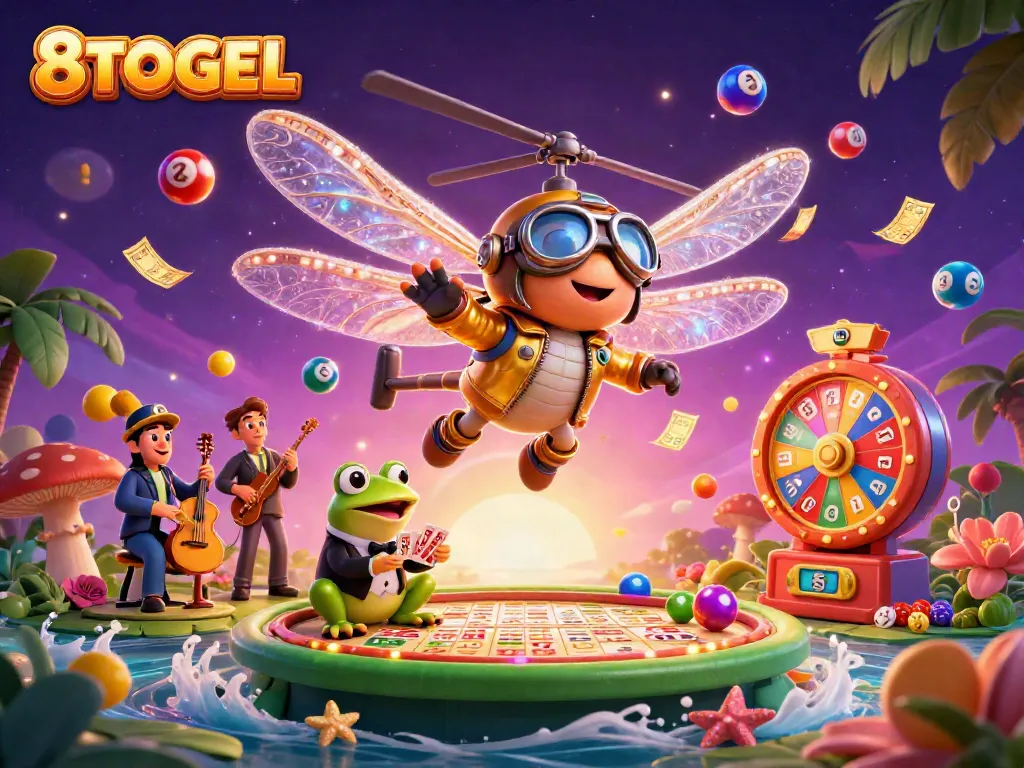 Permainan menarik di 8TOGEL dengan croupier katak dan pilot naga 3D di kasino lily pad.