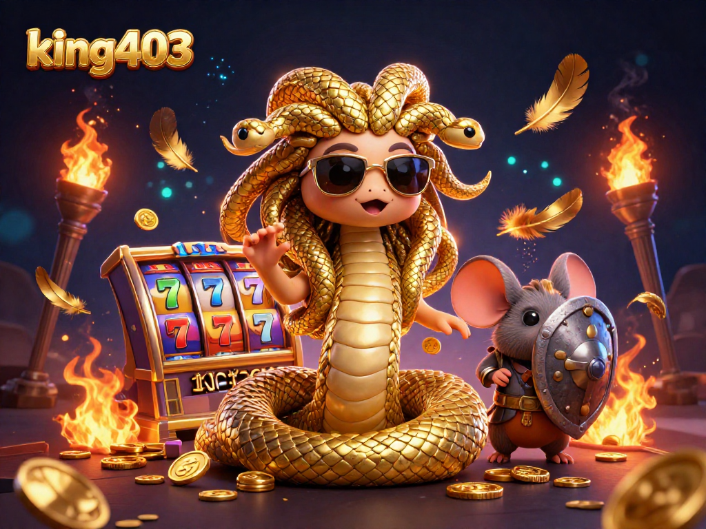 King403 showcases a vibrant casino scene with Medusa and warrior mouse amidst slot reels.