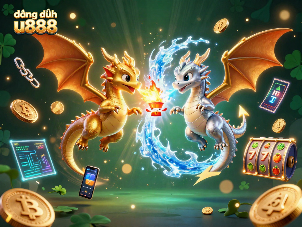 Engage with đăng ký u888 through a dynamic casino scene featuring twin dragons and vibrant game elements.