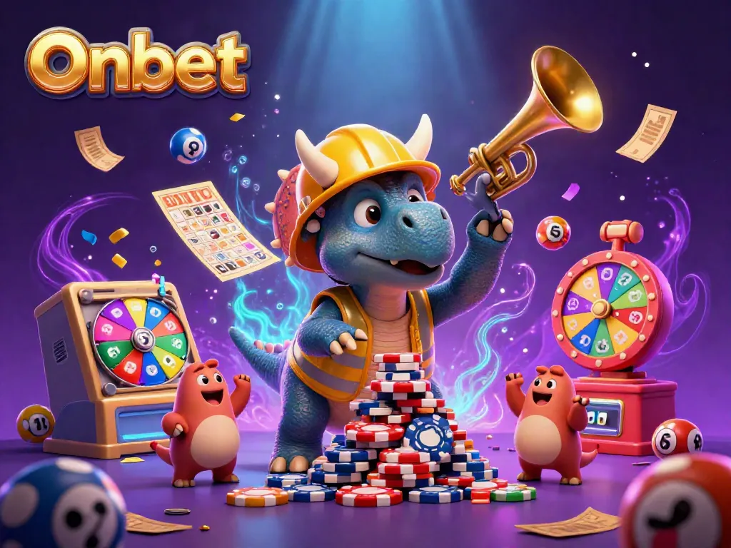 Experience the excitement at Onbet as colorful lottery elements and casino characters celebrate wins together.