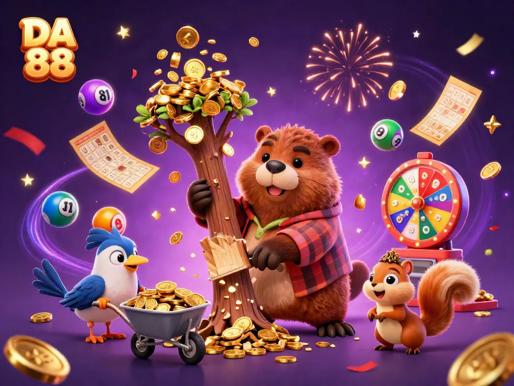 Experience the thrill of DA 88 with vibrant casino elements featuring a beaver, bird, and squirrel in a dynamic scene.