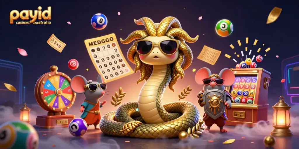 Engaging scene showcasing payid casinos australia with vibrant game elements, featuring Medusa and warrior mouse.