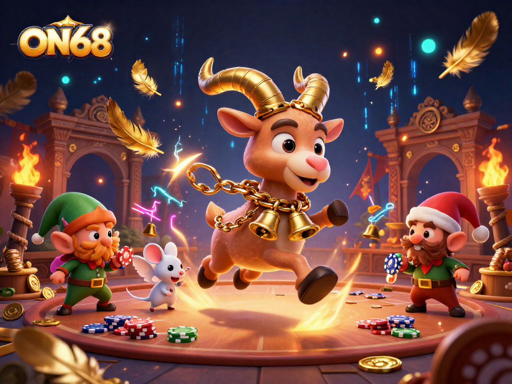 Experience thrilling gameplay at ON68 with Krampus, a tiny angel mouse, and mischievous elf gremlins at a lively casino.