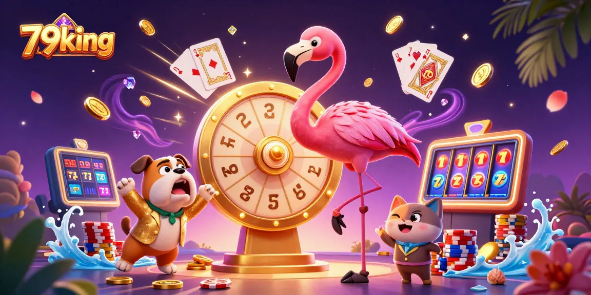 Play to win big with 79king in this vibrant casino-themed illustration full of excitement.