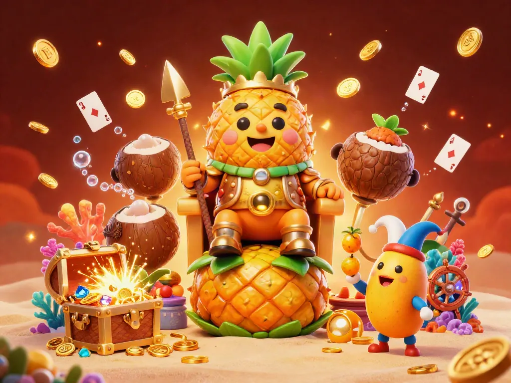 Experience the vibrant RP888 casino scene with the golden pineapple king and exciting treasures.