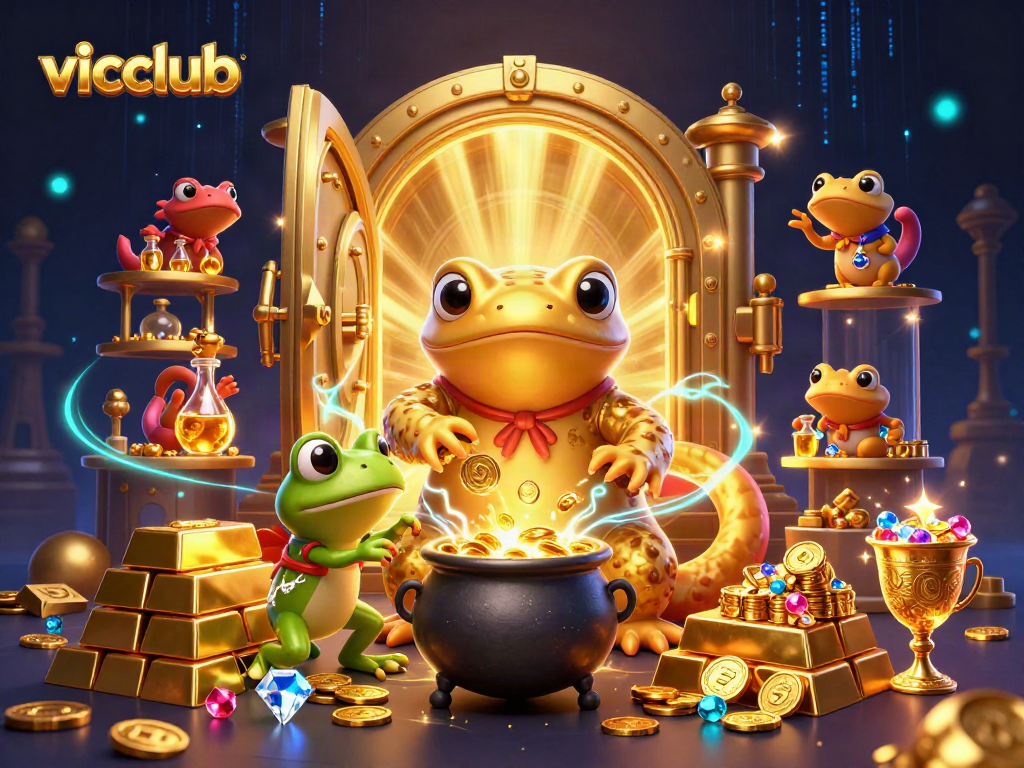 Celebrate winnings at vicclub with a golden salamander alchemist creating coins in an enchanting scene.