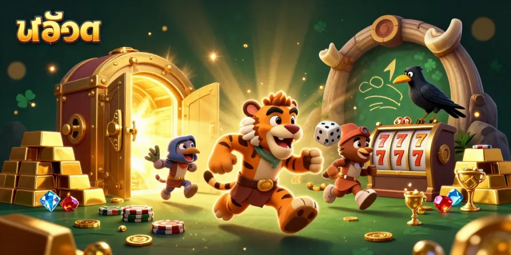 Experience the excitement of สล็อต in a vibrant prehistoric casino with animated characters and dazzling treasures.