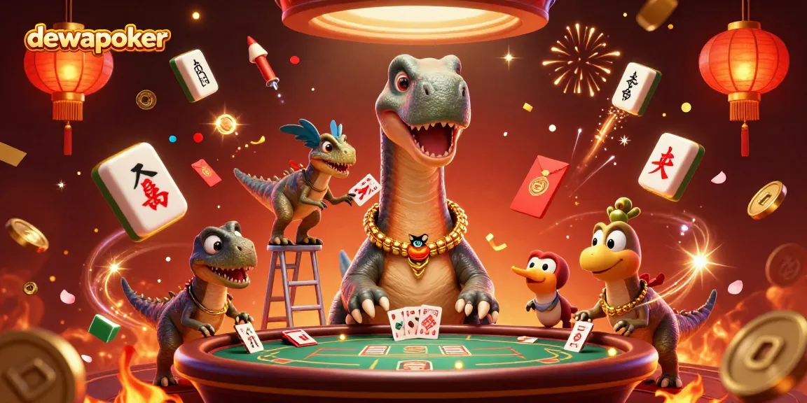 Dewapoker showcases a vibrant 3D casino scene with a brontosaurus and raptor dealer.