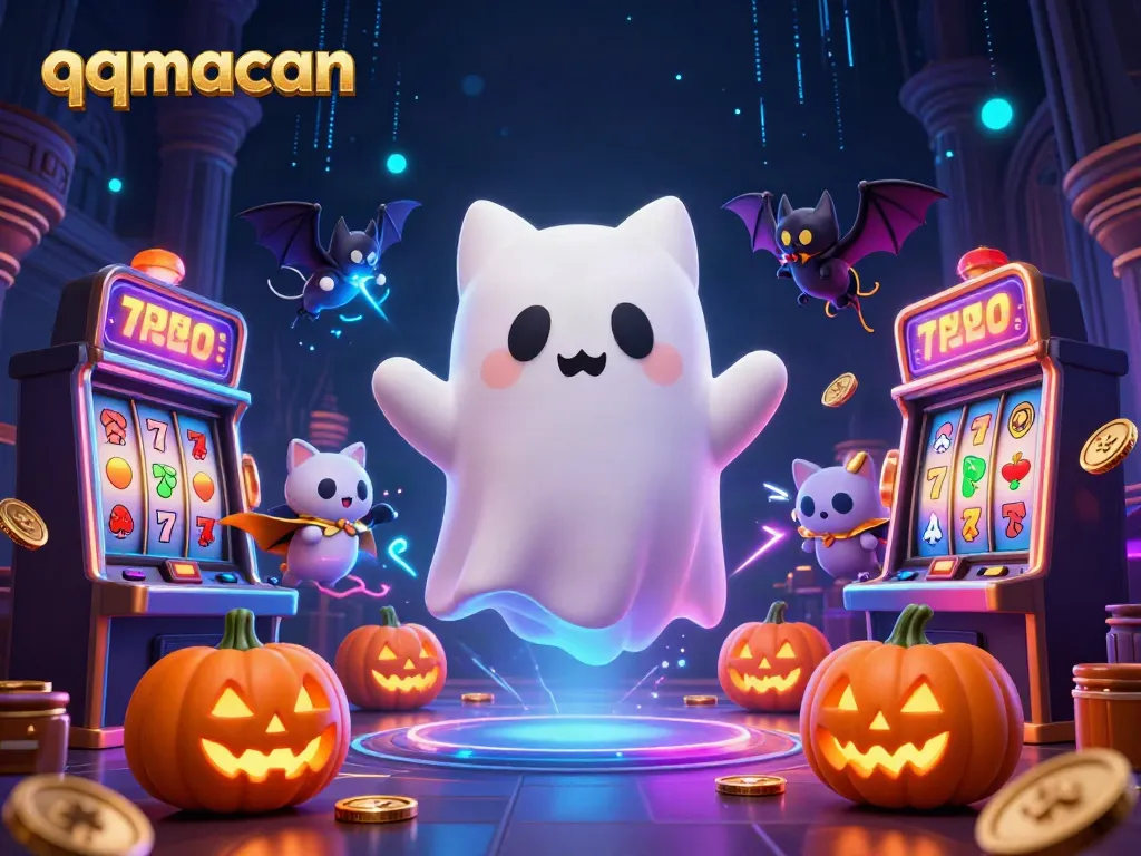 Win big at qqmacan with a playful ghost cat and vampire bat amidst thrilling slot machines.