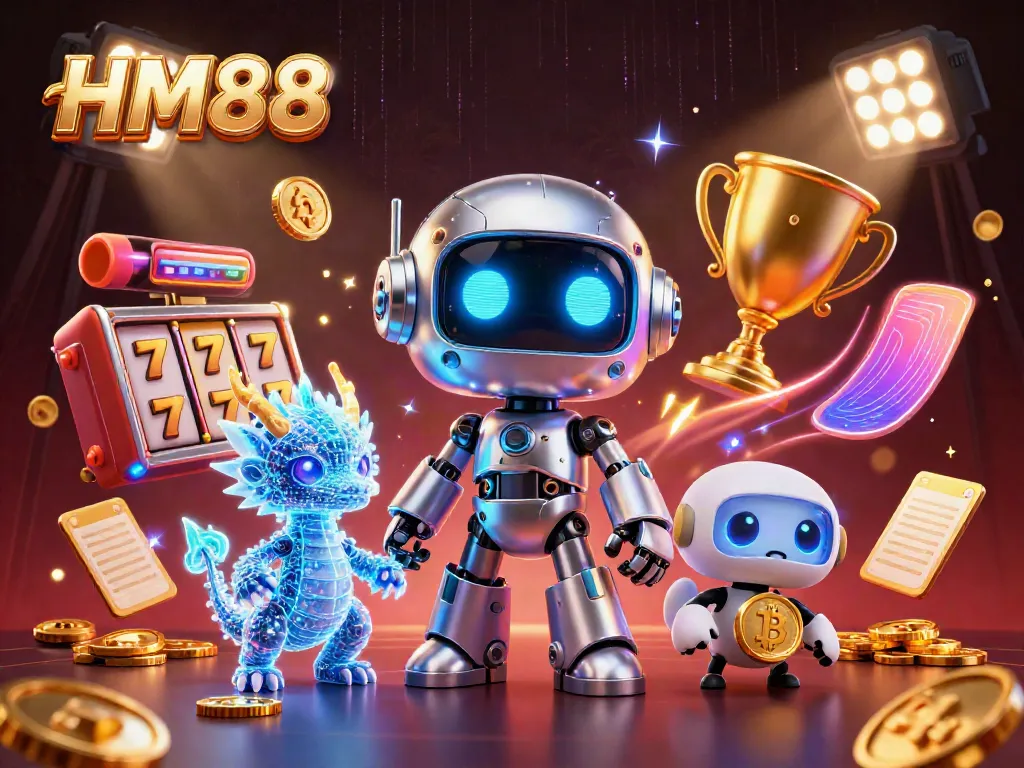 Engage in exhilarating HM88 gaming action with vibrant 3D casino elements and futuristic mascots.