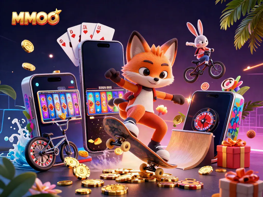 Engage with MMOO gaming action featuring a skateboard fox and BMX rabbit in a casino-themed scene with dynamic elements.