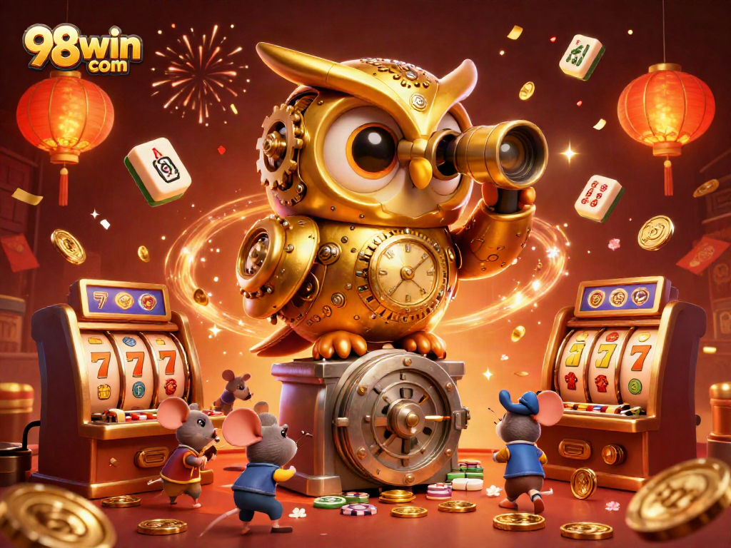 Engage in thrilling gaming with 98win com, where a golden owl observes lively casino action.