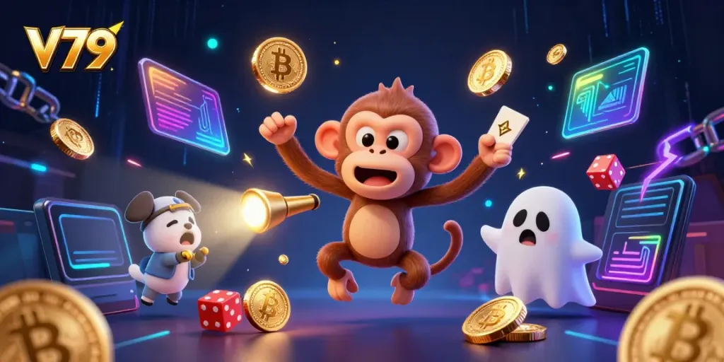 Experience the thrill of winning at V79 with a lively poltergeist monkey and ghost-hunter puppy in a haunted casino.