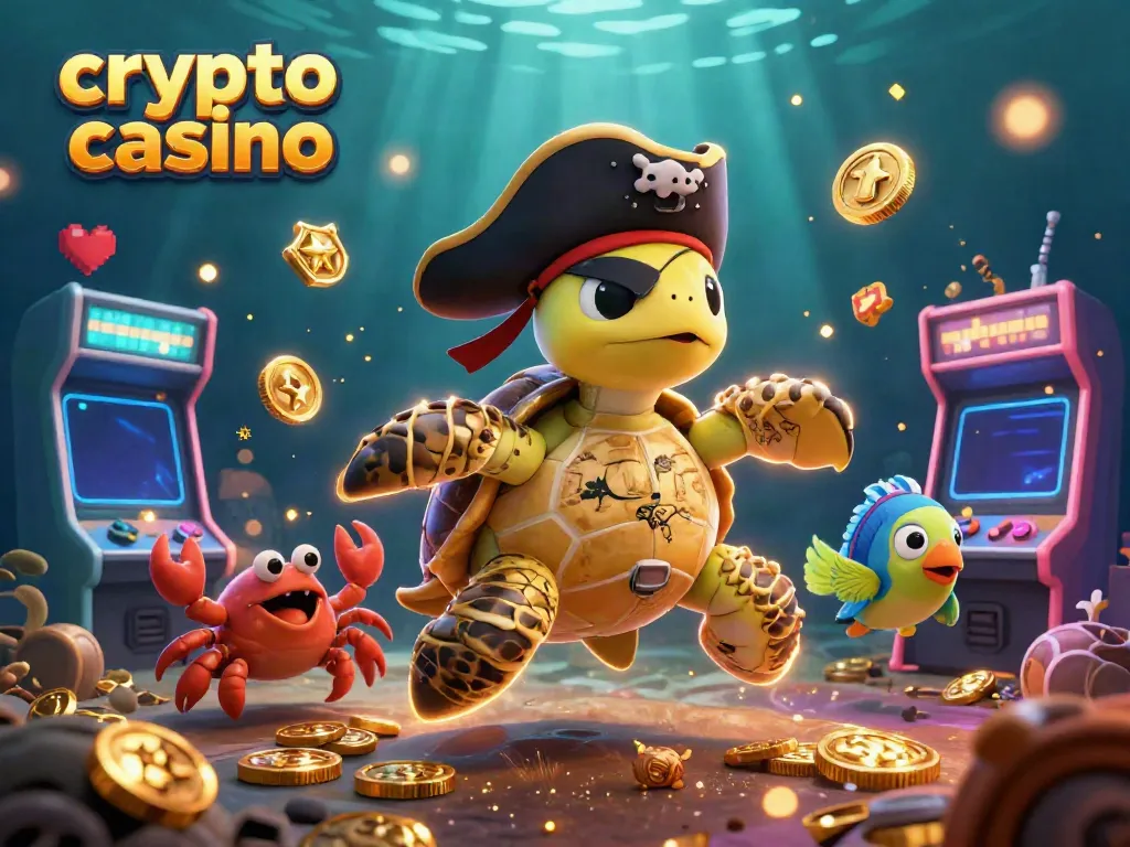 Engaging scene of a crypto casino with a cartoon turtle, hermit crab, and parrotfish amidst vibrant gaming elements.
