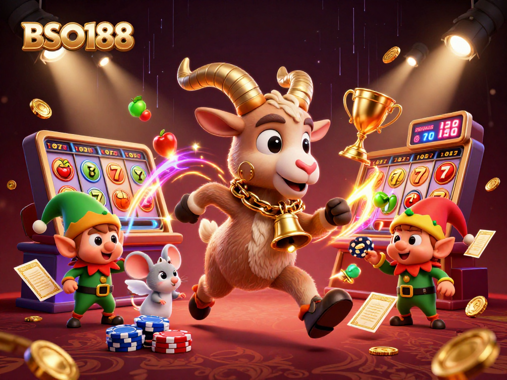 Experience the thrill of BSO188 with a lively scene of cartoon characters and thrilling slot game elements in a casino setting.