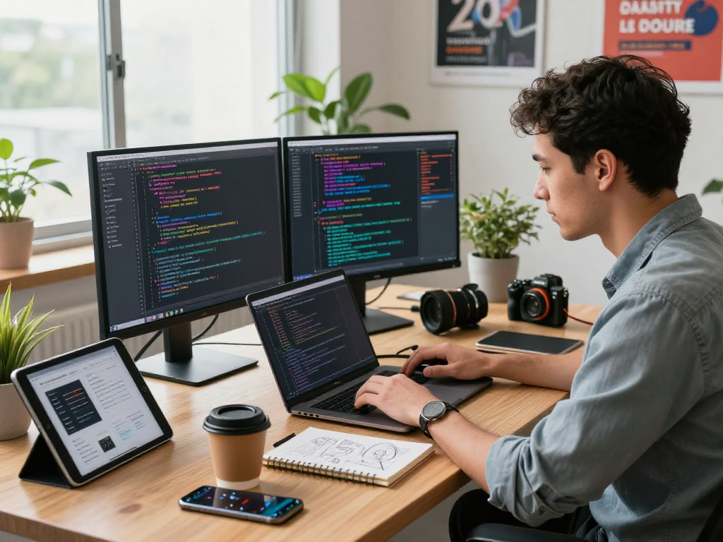 Gambaran workspace digital bos88ap.com dengan pengembang perangkat lunak berfokus pada pekerjaan coding