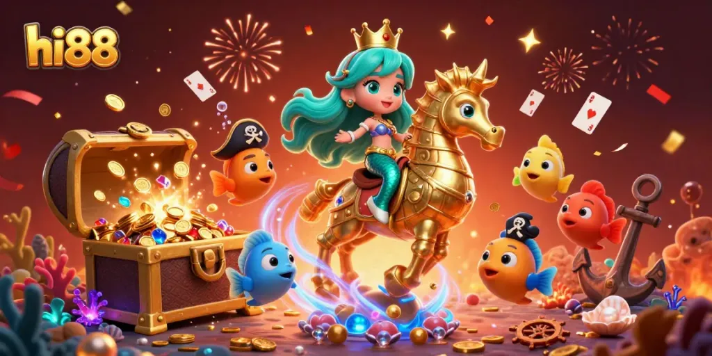 Join the excitement at hi88 casino with vibrant underwater illustrations featuring a mermaid and her companions!