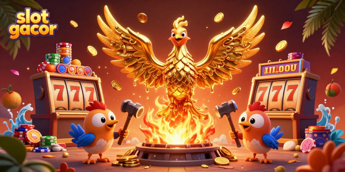 Slot gacor dengan phoenix emas yang mengeluarkan koin, simbol buah, dan elemen slot yang dinamis.