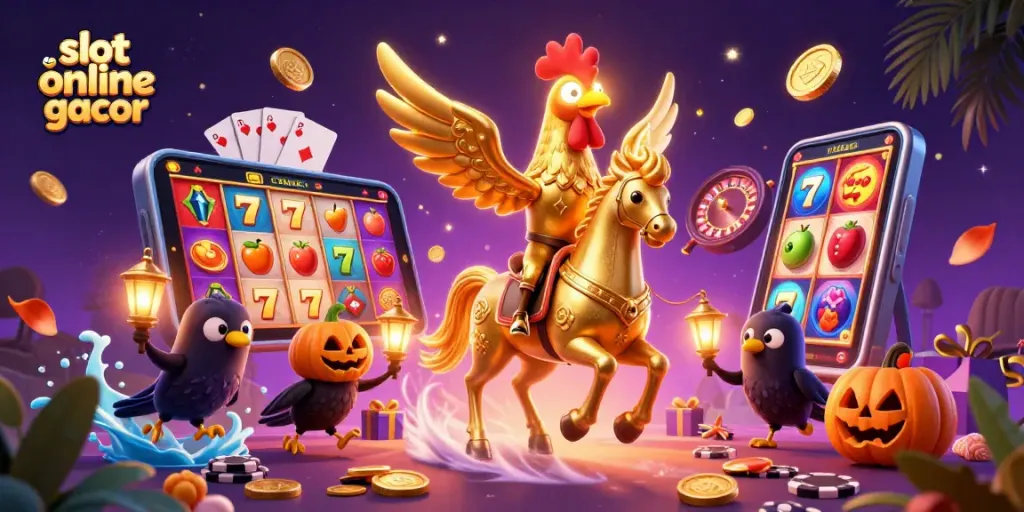 Experience thrilling slot online gacor action with a golden rooster and vibrant casino elements in a dynamic 3D illustration.