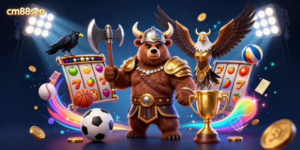 Experience excitement with the cm88seo Viking bear and Valkyrie eagle amid vibrant slot games and sports elements.