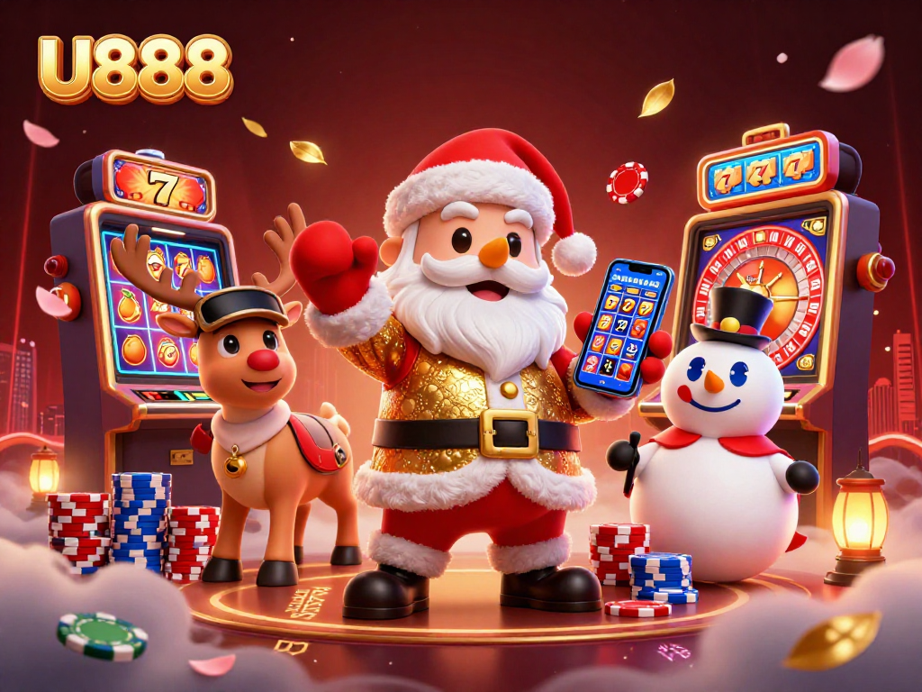 Experience the excitement of U888 with Santa and friends celebrating jackpot wins in a vibrant casino