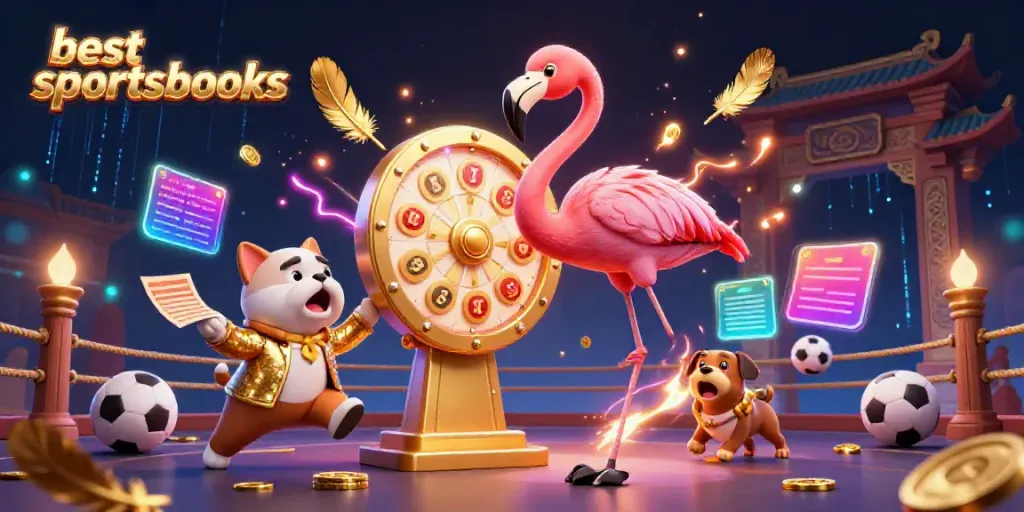 Engaging scene showcasing best sportsbooks with a cartoon flamingo host, bulldog contestant, and cat assistant, all in a dynamic sports betting environment.