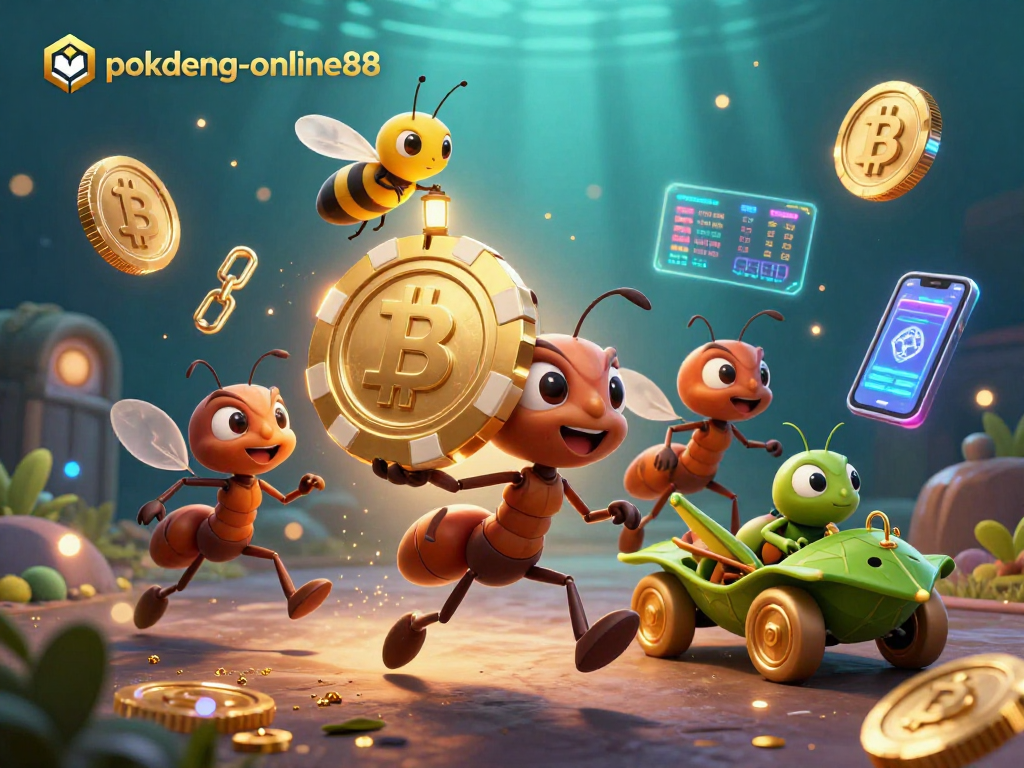 Engage with the exciting world of poker at pokdeng-online88 with a thrilling heist scene featuring whimsical ant characters.