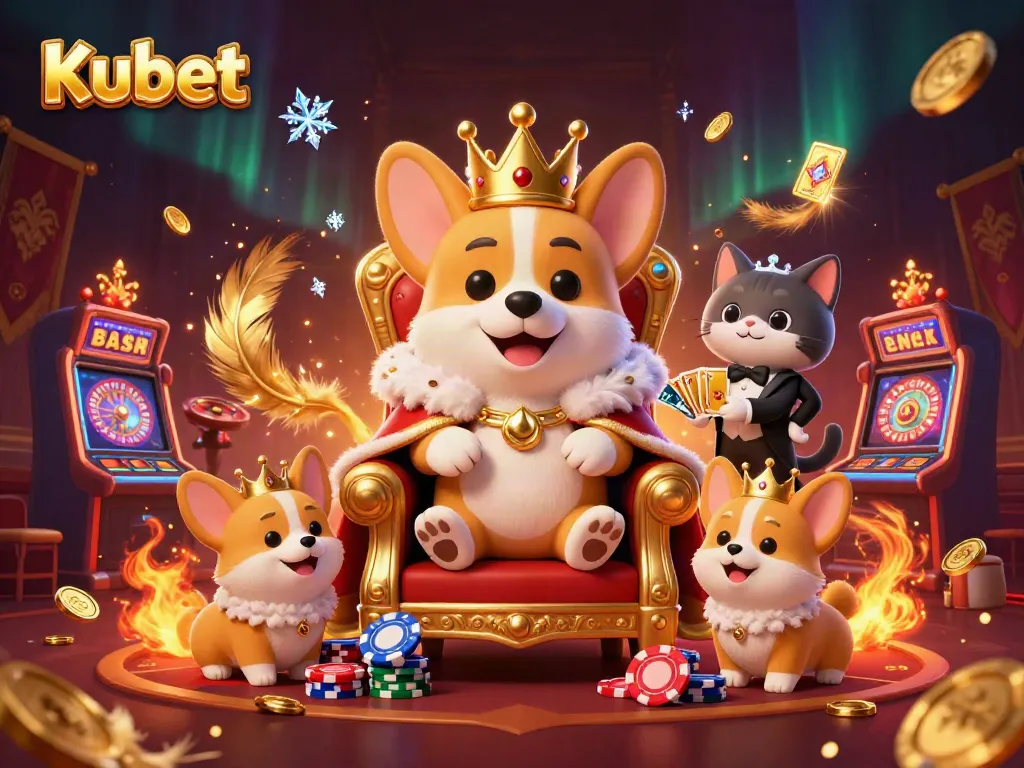 Kubet showcases a lively casino scene with a royal corgi on a throne, surrounded by elements of gaming excitement.