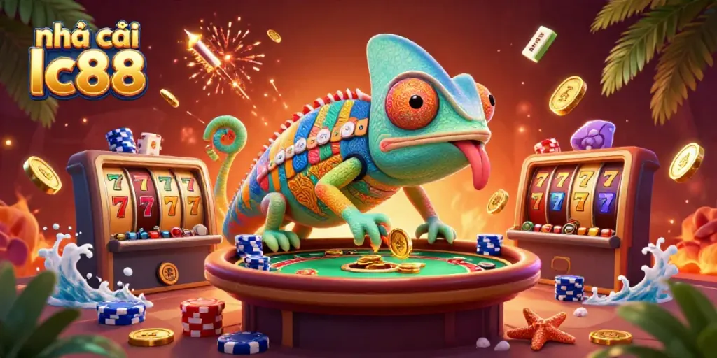 Experience thrilling gaming action with nhà cái lc88's vibrant casino scene featuring a unique chameleon owner.