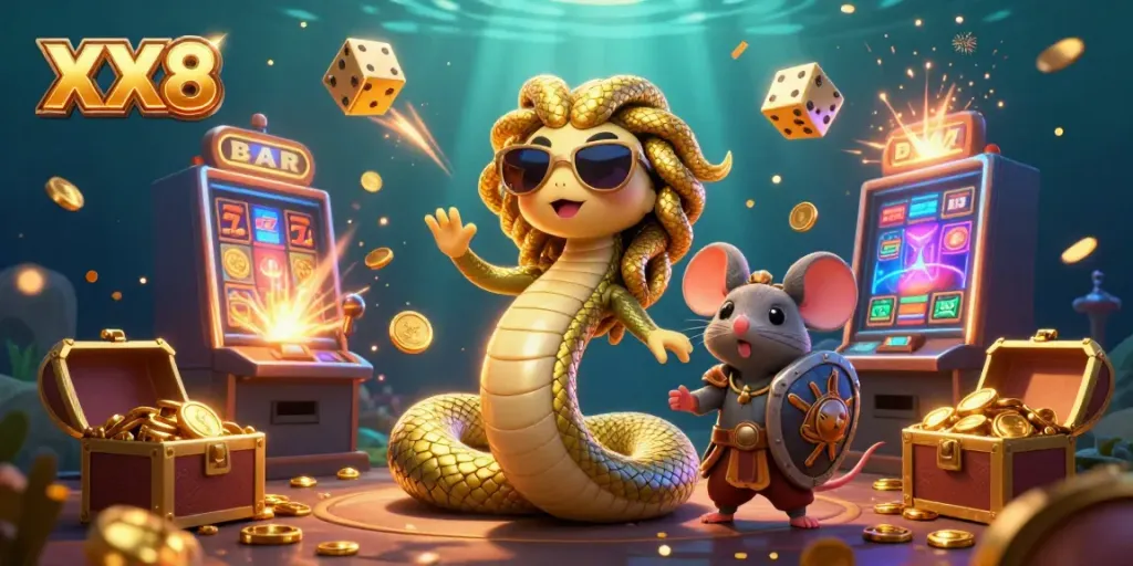 Spin the slots at XX8's vibrant casino with Medusa and a warrior mouse amidst a jackpot explosion.