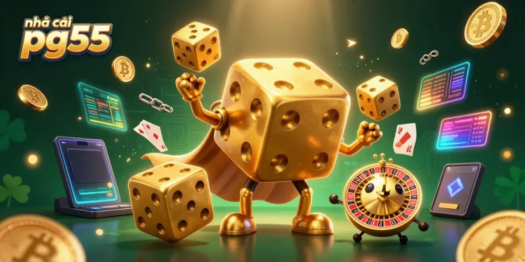 Engage with the excitement at nhà cái pg55, featuring golden dice, crypto coins, and vibrant casino themes.