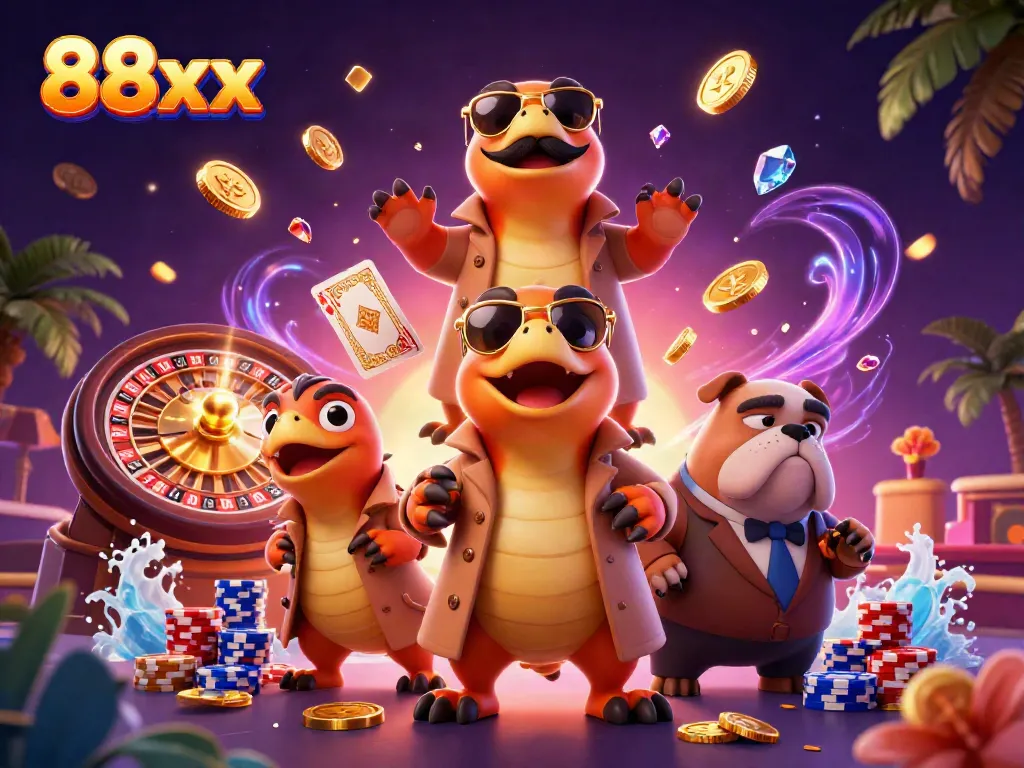 Experience a lively casino scene with 88xx raptors trying to enter a VIP lounge with golden coins and vibrant gaming elements.
