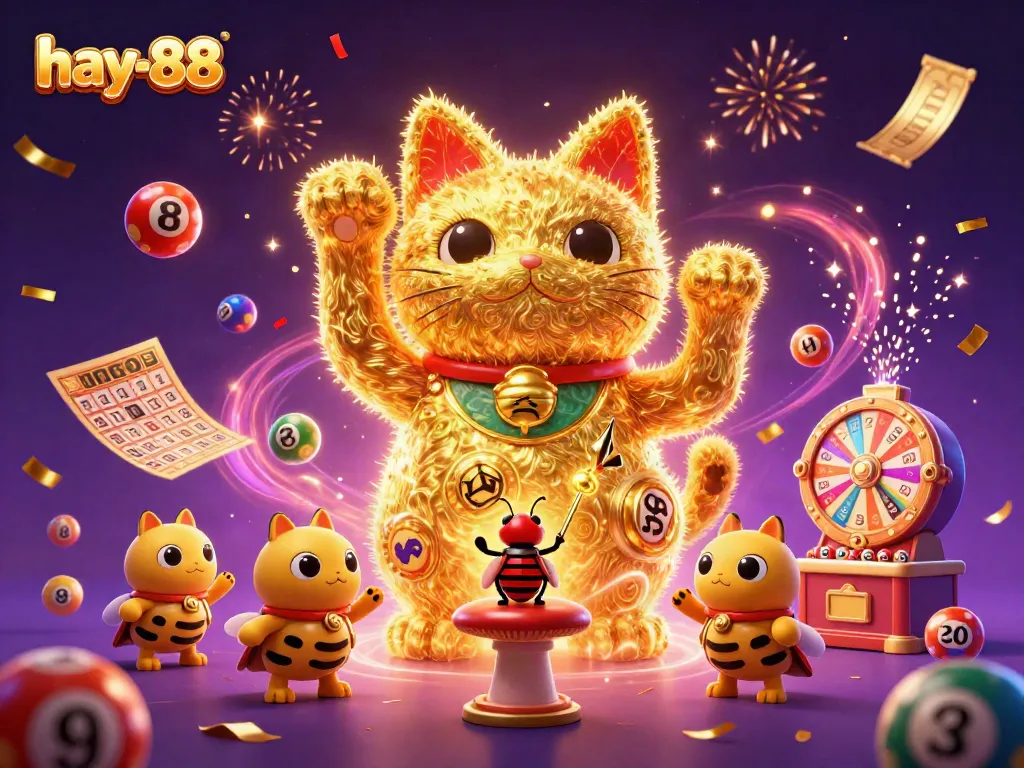 Experience winning excitement at hay-88 with dynamic lottery balls and a golden lucky cat in a vibrant casino scene.
