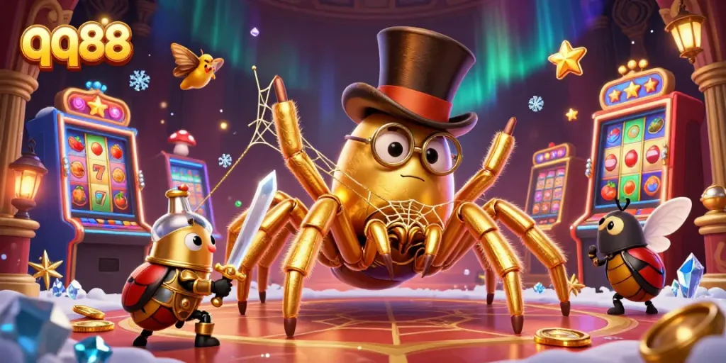 Experience thrilling wins with qq88 in a vibrant casino scene featuring a golden tarantula and adventures.
