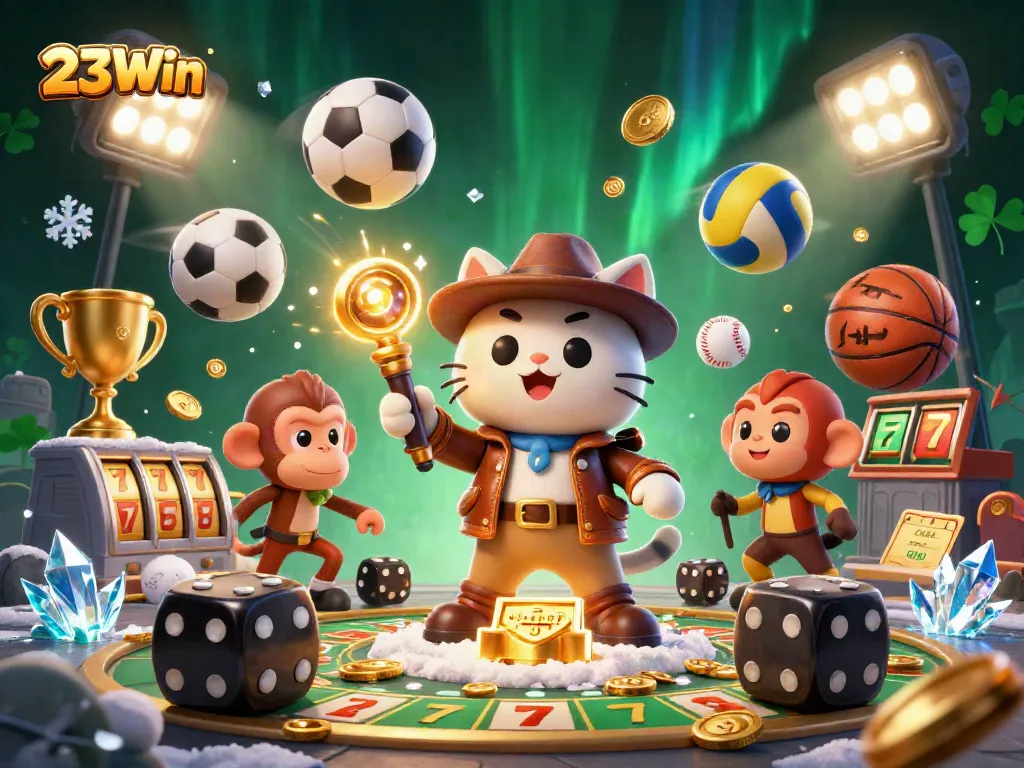 Engage in thrilling gaming adventures with 23Win as an adventurous cat unearths golden casino artifacts.