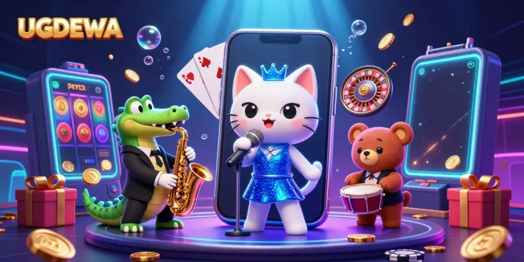 Experience jackpot thrills with UGDEWA's vibrant gaming scene featuring lively cartoon characters and casino elements.