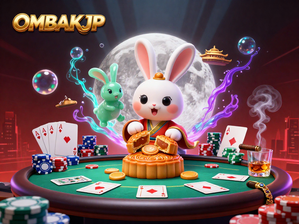 Experience OMBAKJP in an engaging 3D scene with vibrant casino elements and traditional folklore.