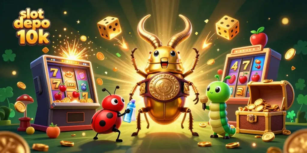 Engage in slot depo 10k with a vibrant 3D casino scene showcasing characters and jackpot excitement.