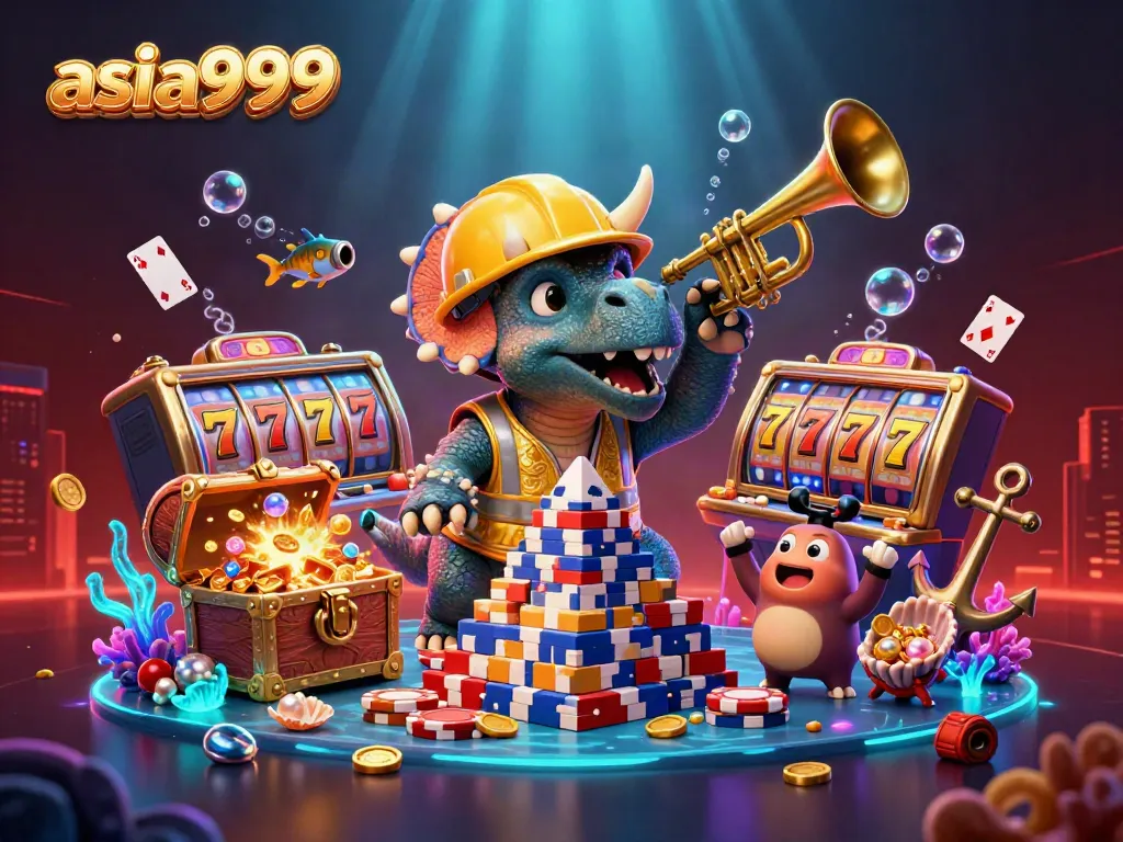 สร้างสรรค์ภาพ 3D asia999 กับไดโนเสาร์และชิปโป๊กเกอร์ในสีสันสดใส