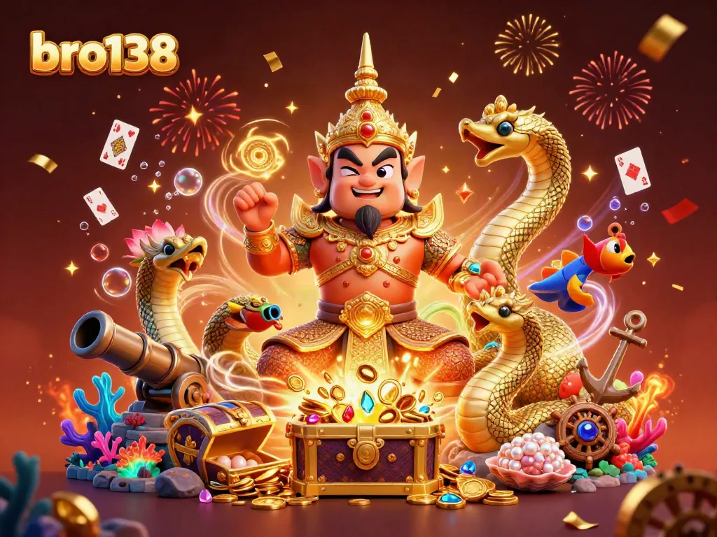 Engage with bro138's vibrant gaming environment featuring a golden guardian and treasures galore.