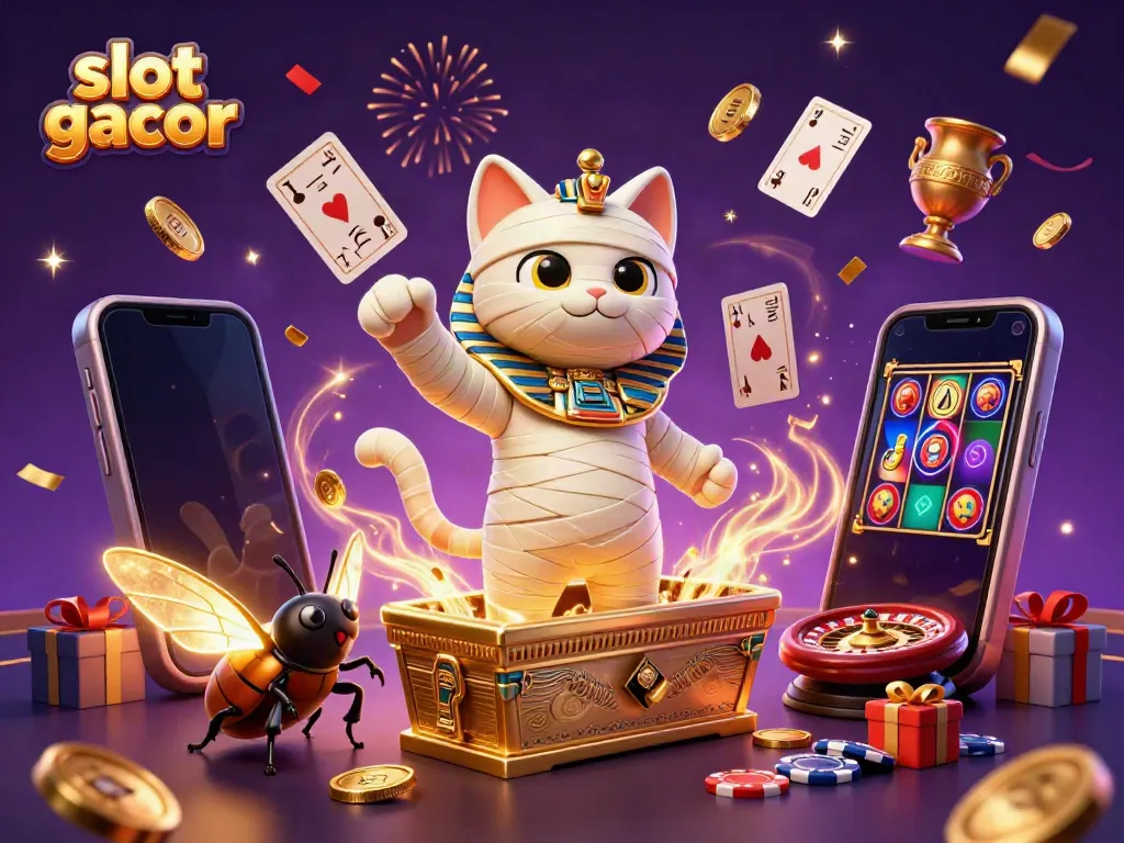 Experience the thrill of slot gacor with a vibrant 3D illustration of an Egyptian mummy cat at a casino.