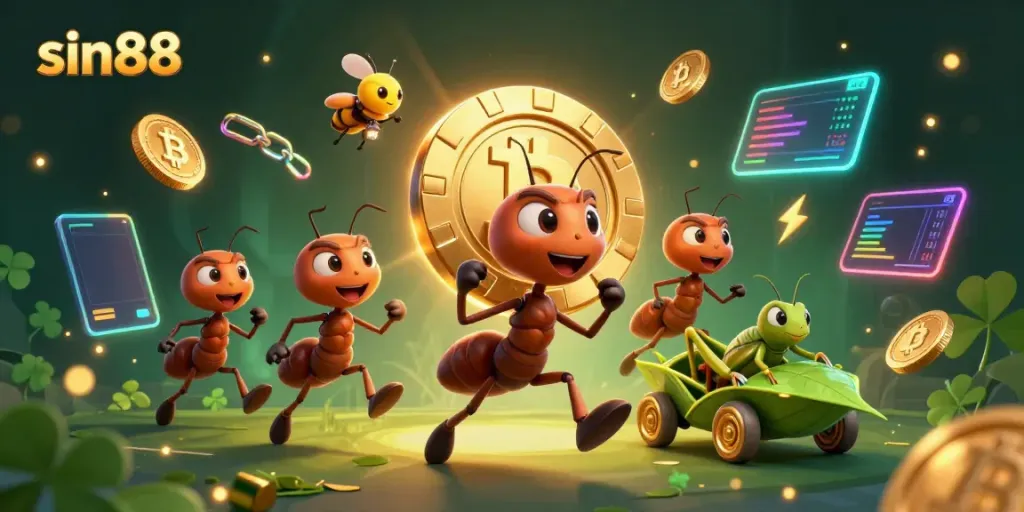Experience sin88 through a thrilling heist scene with ants and crypto elements in vibrant 3D.