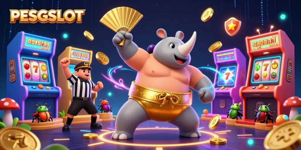 PESGSLOT's dynamic casino scene with a rhinoceros beetle champion and sparkling gaming elements