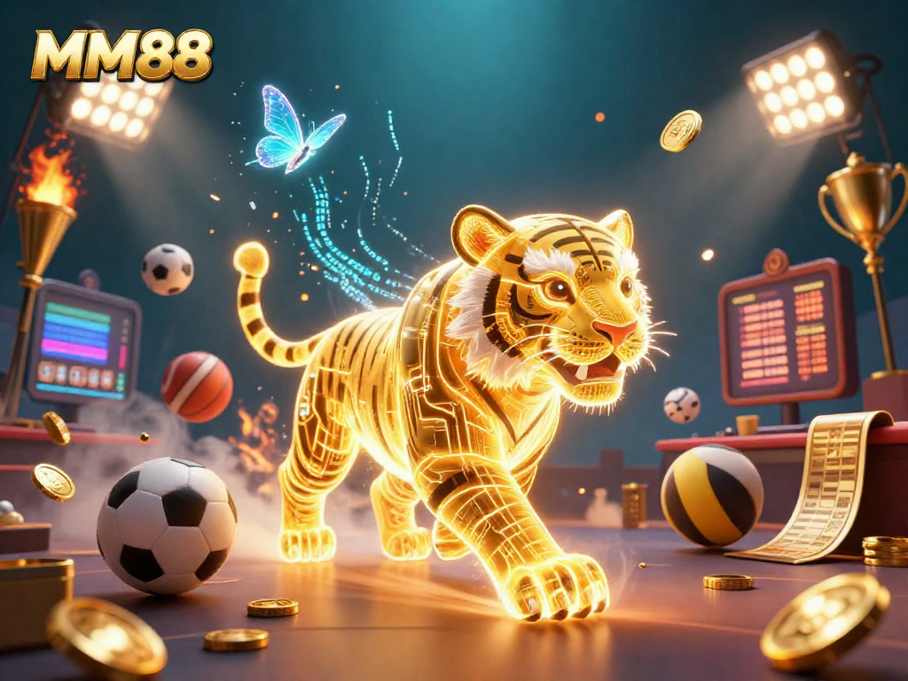 Experience the excitement of MM88 with a golden tiger and dynamic sports elements in a vibrant casino.