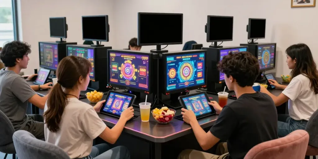 Luxury12 gaming lounge featuring friends enjoying slot games together.