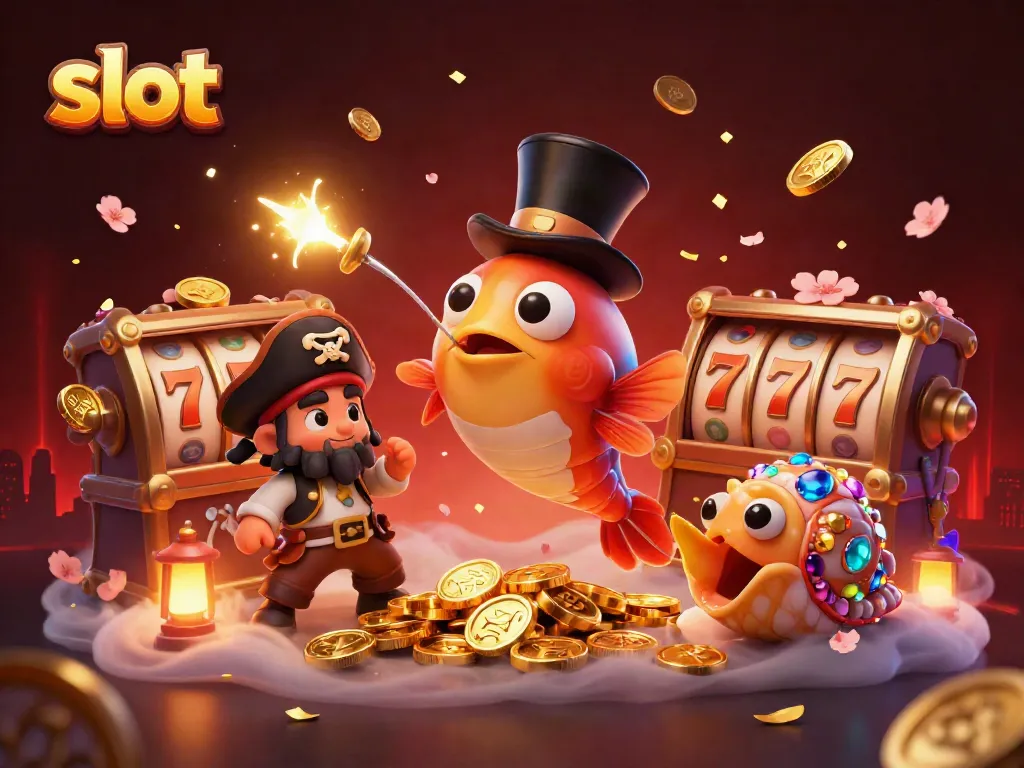 Anglerfish attracts golden coins in a colorful slot-themed casino scene.
