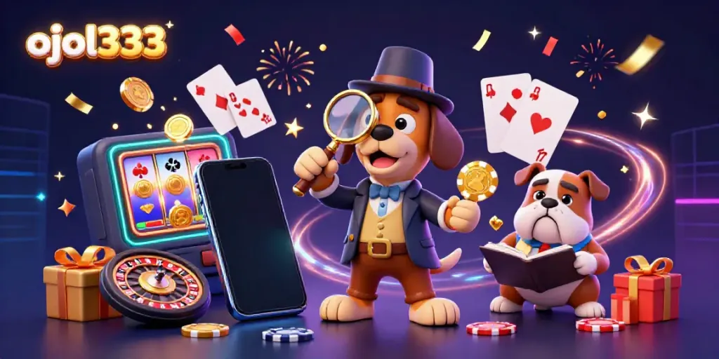 Experience ojol333 with a cartoon detective investigating golden poker chips amid festive casino elements.