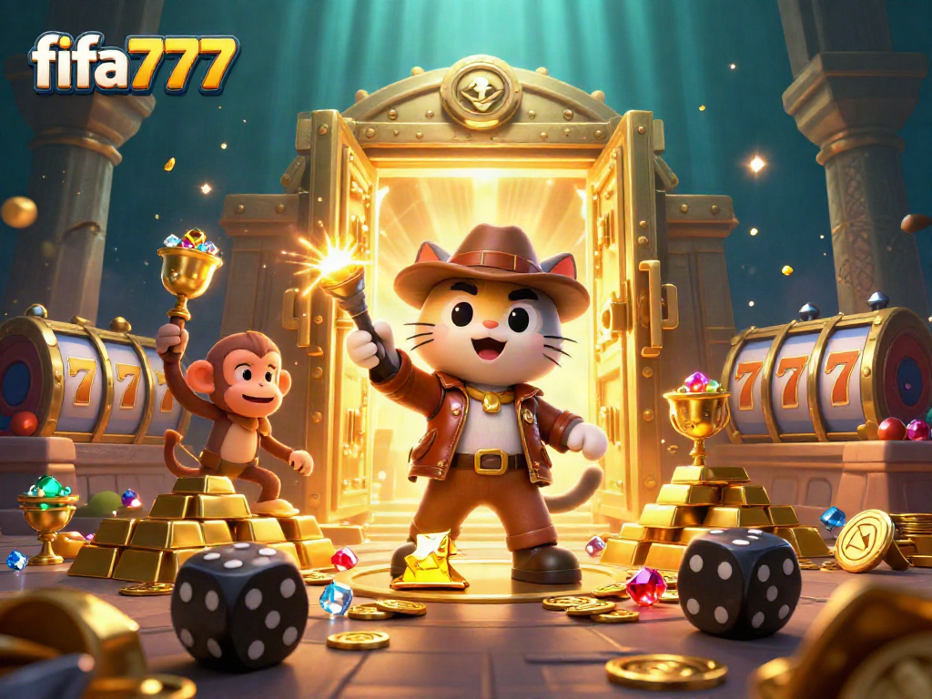 Experience thrilling wins at fifa777 with a cartoon explorer uncovering casino treasures amid captivating light effects.